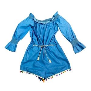 Saks Fifth Ave Chambray Smocked Romper Playsuit L Pom-Pom Resort Beach Denim